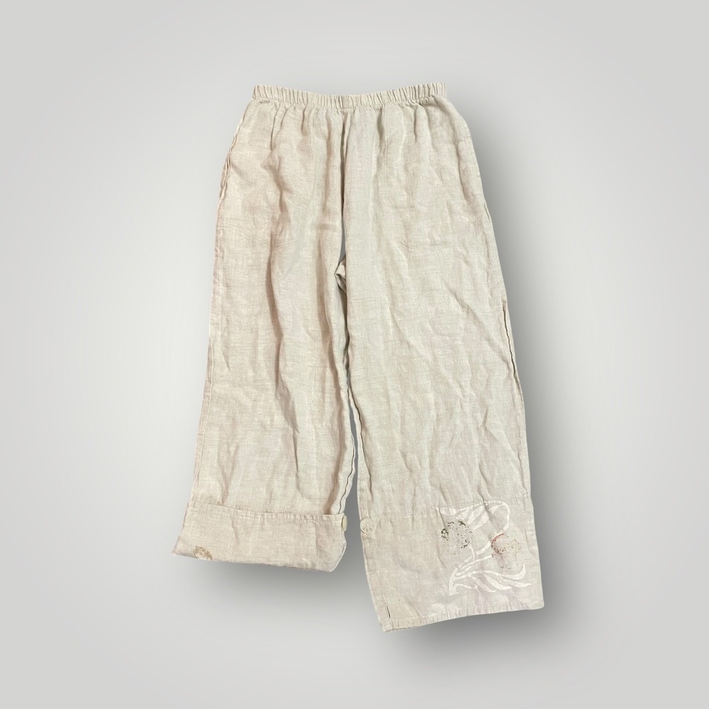 Staley Gretzinger Art To Wear Linen Wide Leg Pant Women Large Beige Button Crop